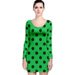 Polka Dots - Black on Dark Pastel Green Long Sleeve Velvet Bodycon Dress