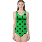 Polka Dots - Black on Dark Pastel Green One Piece Swimsuit