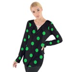 Polka Dots - Dark Pastel Green on Black Women s Tie Up Tee