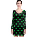 Polka Dots - Dark Pastel Green on Black Long Sleeve Bodycon Dress