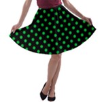 Polka Dots - Dark Pastel Green on Black A-line Skater Skirt
