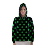Polka Dots - Dark Pastel Green on Black Hooded Wind Breaker (Women)