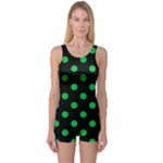 Polka Dots - Dark Pastel Green on Black One Piece Boyleg Swimsuit