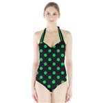 Polka Dots - Dark Pastel Green on Black Women s Halter One Piece Swimsuit