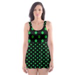 Polka Dots - Dark Pastel Green on Black Skater Dress Swimsuit