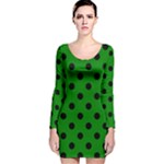 Polka Dots - Black on Green Long Sleeve Velvet Bodycon Dress