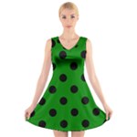 Polka Dots - Black on Green V-Neck Sleeveless Dress