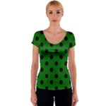 Polka Dots - Black on Dark Green Women s V-Neck Cap Sleeve Top