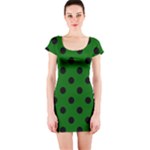 Polka Dots - Black on Dark Green Short Sleeve Bodycon Dress