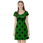 Polka Dots - Black on Dark Green Short Sleeve Skater Dress
