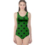 Polka Dots - Black on Dark Green One Piece Swimsuit