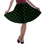 Polka Dots - Dark Green on Black A-line Skater Skirt