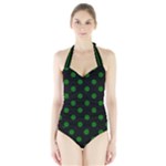 Polka Dots - Dark Green on Black Women s Halter One Piece Swimsuit