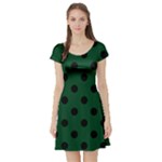 Polka Dots - Black on Forest Green Short Sleeve Skater Dress