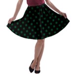 Polka Dots - Forest Green on Black A-line Skater Skirt