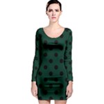 Polka Dots - Black on Deep Green Long Sleeve Bodycon Dress