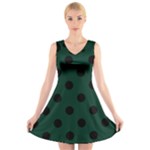 Polka Dots - Black on Deep Green V-Neck Sleeveless Dress