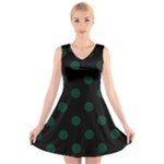 Polka Dots - Deep Green on Black V-Neck Sleeveless Dress