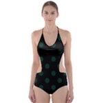 Polka Dots - Deep Green on Black Cut-Out One Piece Swimsuit
