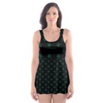 Polka Dots - Deep Green on Black Skater Dress Swimsuit