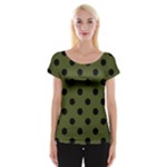 Polka Dots - Black on Army Green Women s Cap Sleeve Top