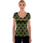 Polka Dots - Black on Army Green Women s V-Neck Cap Sleeve Top