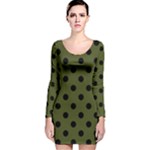 Polka Dots - Black on Army Green Long Sleeve Velvet Bodycon Dress