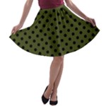 Polka Dots - Black on Army Green A-line Skater Skirt