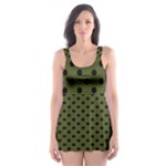 Polka Dots - Black on Army Green Skater Dress Swimsuit
