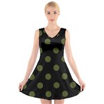 Polka Dots - Army Green on Black V-Neck Sleeveless Dress