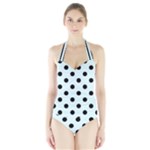 Polka Dots - Black on Bubbles Cyan Women s Halter One Piece Swimsuit