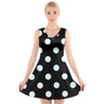 Polka Dots - Bubbles Cyan on Black V-Neck Sleeveless Dress