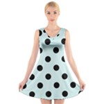 Polka Dots - Black on Light Cyan V-Neck Sleeveless Dress