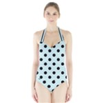 Polka Dots - Black on Light Cyan Women s Halter One Piece Swimsuit