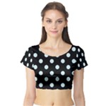 Polka Dots - Light Cyan on Black Short Sleeve Crop Top (Tight Fit)