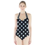Polka Dots - Light Cyan on Black Women s Halter One Piece Swimsuit