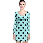 Polka Dots - Black on Celeste Cyan Long Sleeve Velvet Bodycon Dress