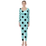Polka Dots - Black on Celeste Cyan Long Sleeve Catsuit