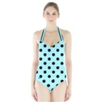 Polka Dots - Black on Celeste Cyan Women s Halter One Piece Swimsuit
