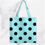 Polka Dots - Black on Celeste Cyan Zipper Grocery Tote Bag