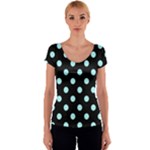 Polka Dots - Celeste Cyan on Black Women s V-Neck Cap Sleeve Top
