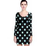 Polka Dots - Celeste Cyan on Black Long Sleeve Velvet Bodycon Dress