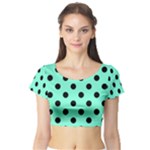Polka Dots - Black on Aquamarine Short Sleeve Crop Top (Tight Fit)