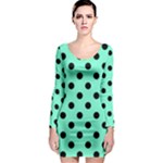 Polka Dots - Black on Aquamarine Long Sleeve Bodycon Dress