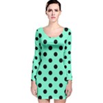 Polka Dots - Black on Aquamarine Long Sleeve Velvet Bodycon Dress