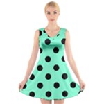 Polka Dots - Black on Aquamarine V-Neck Sleeveless Dress