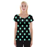Polka Dots - Aquamarine on Black Women s Cap Sleeve Top