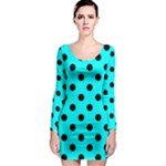 Polka Dots - Black on Aqua Cyan Long Sleeve Bodycon Dress