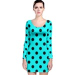 Polka Dots - Black on Aqua Cyan Long Sleeve Velvet Bodycon Dress