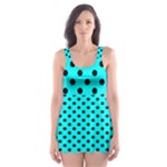 Polka Dots - Black on Aqua Cyan Skater Dress Swimsuit